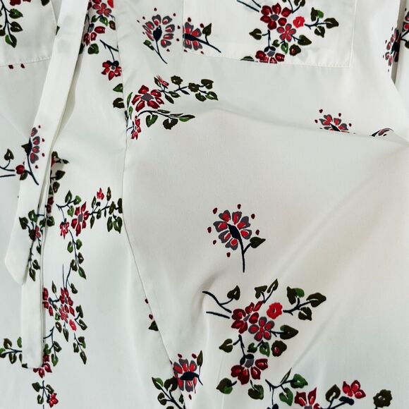 ABERCROMBIE & FITCH Top XS Floral Poplin Tie Neck Blouse Roll Tab Sleeve White - Picture 10 of 16